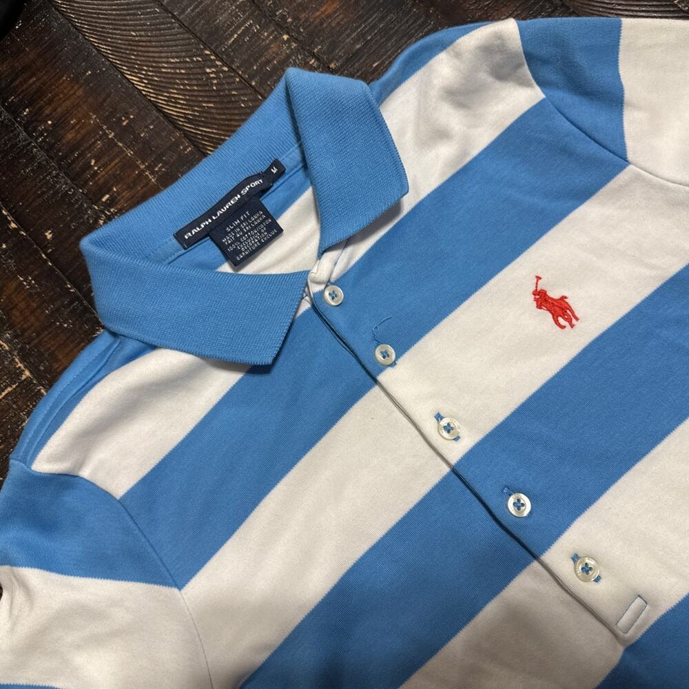 Vintage Ralph Lauren Sport Top Women's M White Blue Striped Polo Rugby Y2K Coast